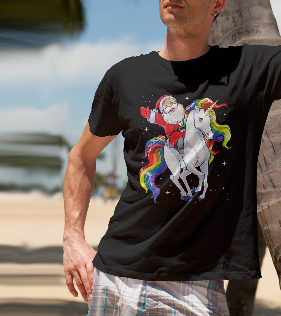 Santa Riding Magical Rainbow Unicorn T-Shirt