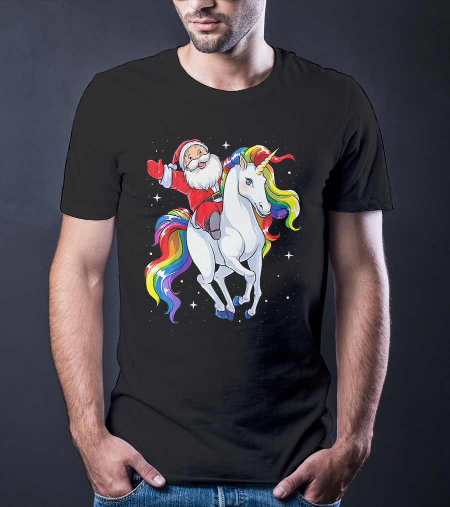 Santa Riding Magical Rainbow Unicorn T-Shirt