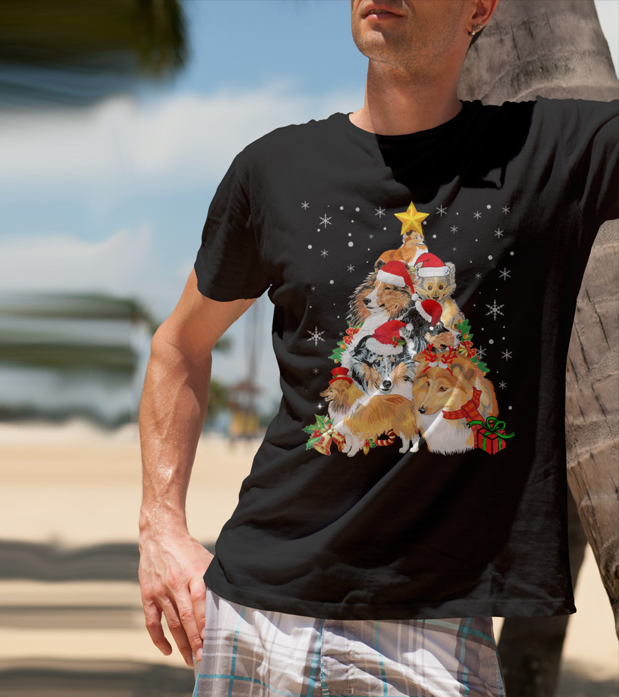Sheltie Dogs In Santa Hats Forming Christmas Tree With Stars And Gifts T-Shirt