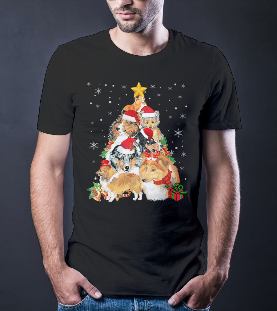 Sheltie Dogs In Santa Hats Forming Christmas Tree With Stars And Gifts T-Shirt