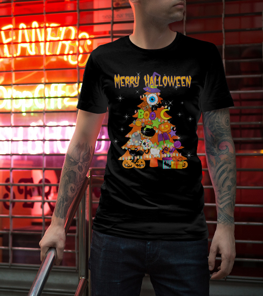 Merry Halloween Tree With Cute Boo Decorations And Spooky Elements T-Shirt