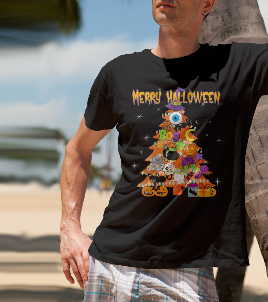 Merry Halloween Tree With Cute Boo Decorations And Spooky Elements T-Shirt