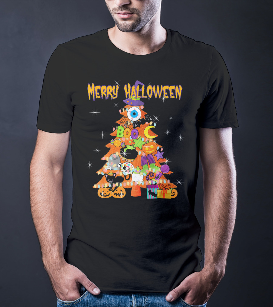 Merry Halloween Tree With Cute Boo Decorations And Spooky Elements T-Shirt