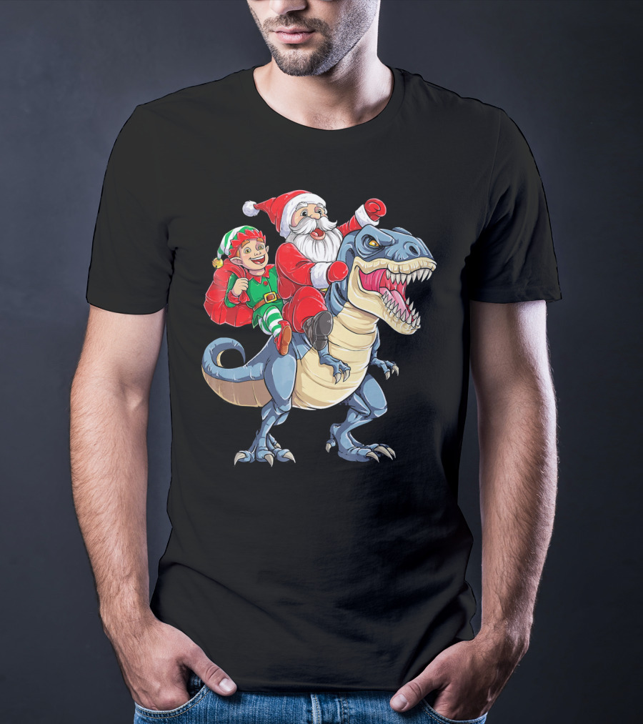 Santa Elf Riding Dinosaur Christmas Boys T-Shirt