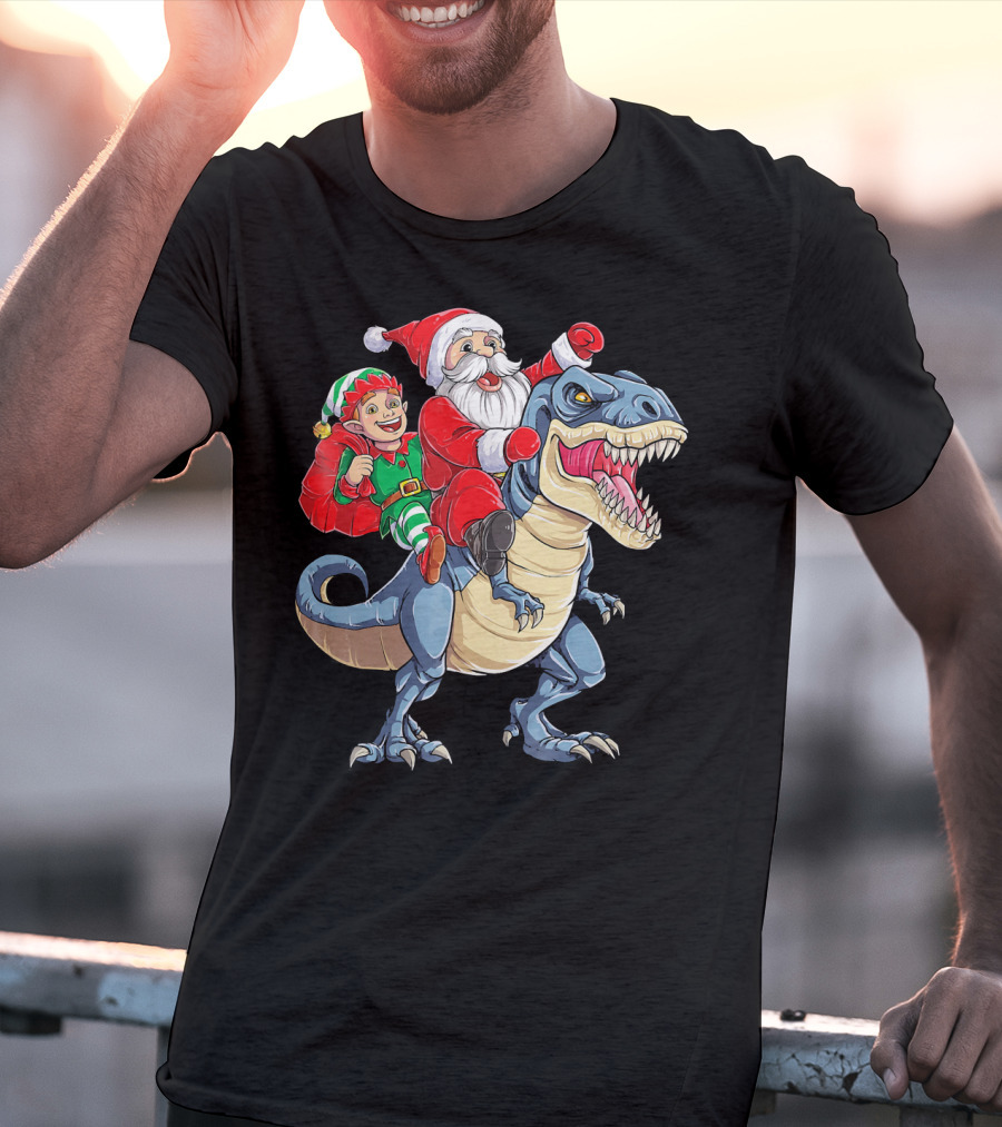 Santa Elf Riding Dinosaur Christmas Boys T-Shirt