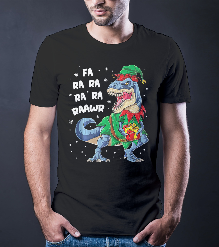 Fa Ra Ra Ra Ra Rawr Dinosaur Christmas Elf With Gift T-Shirt