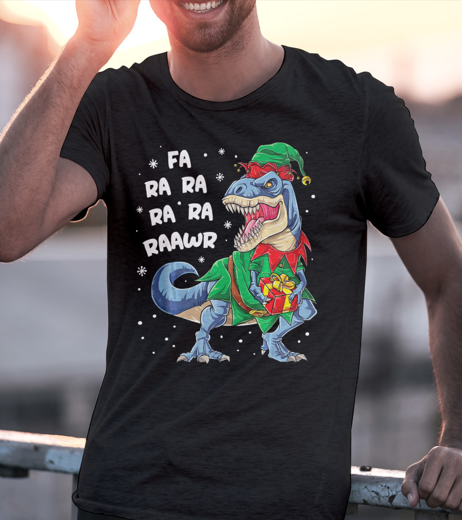 Fa Ra Ra Ra Ra Rawr Dinosaur Christmas Elf With Gift T-Shirt