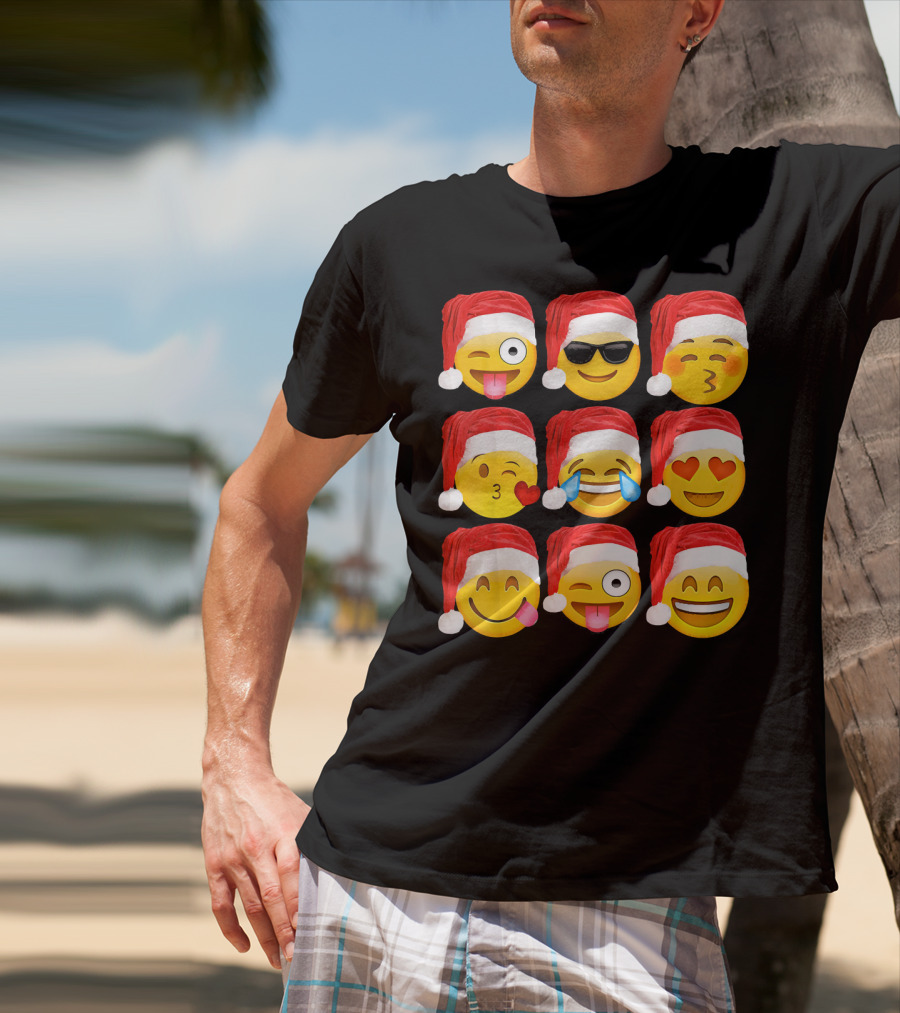 Emoji Christmas Santa Hats Heart Eyes Kiss Faces T-Shirt
