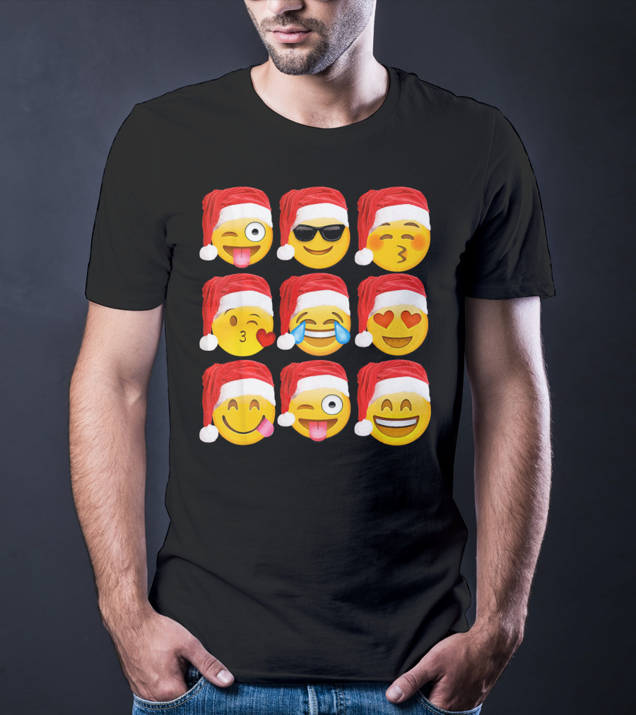 Emoji Christmas Santa Hats Heart Eyes Kiss Faces T-Shirt