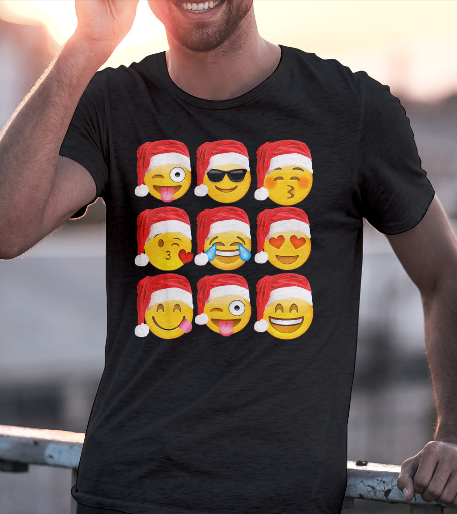 Emoji Christmas Santa Hats Heart Eyes Kiss Faces T-Shirt