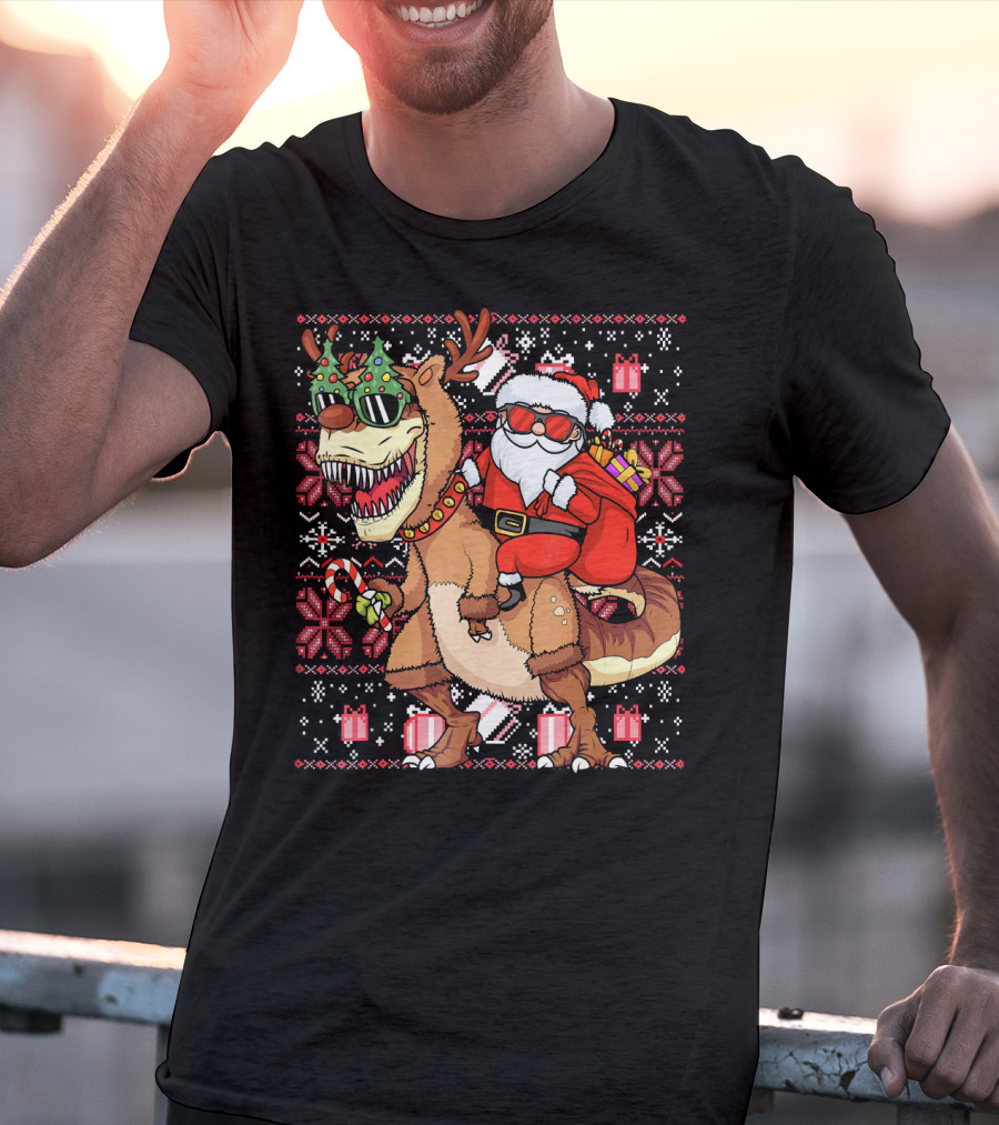 Santa Riding Trex Dinosaur Ugly Christmas T-Shirt