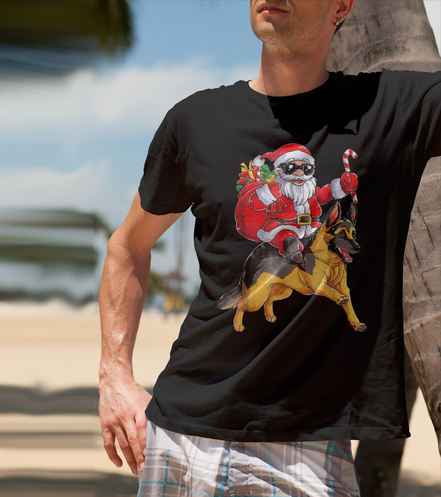 Santa Claus Riding German Shepherd With Candy Cane And Gifts T-Shirt