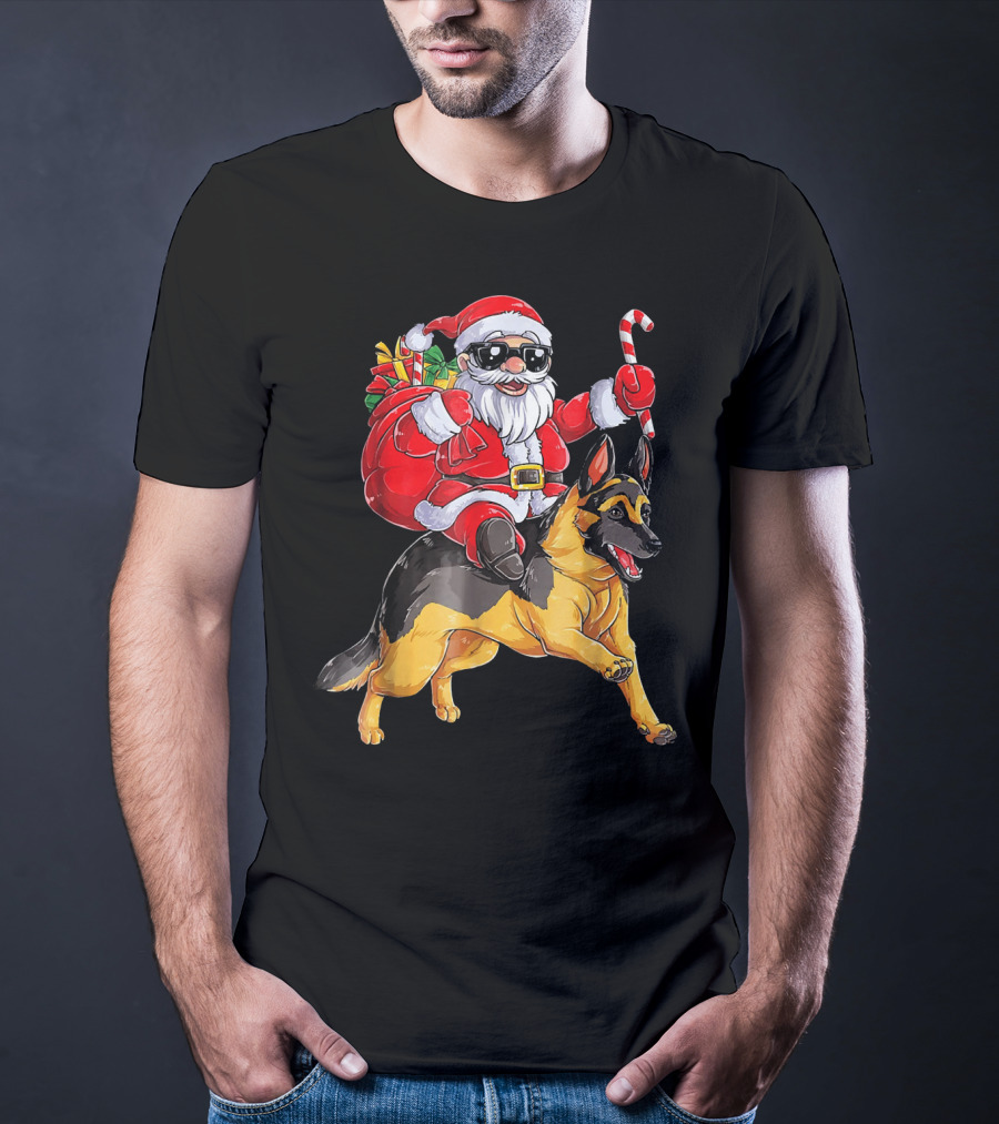 Santa Claus Riding German Shepherd With Candy Cane And Gifts T-Shirt