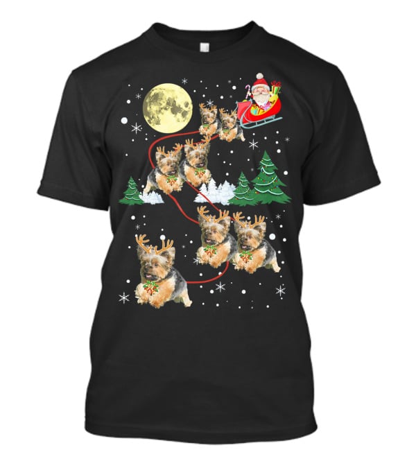 Funny Yorkie Christmas Santa Sleigh With Reindeer Puppies T-Shirt