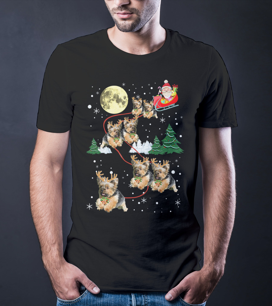 Funny Yorkie Christmas Santa Sleigh With Reindeer Puppies T-Shirt
