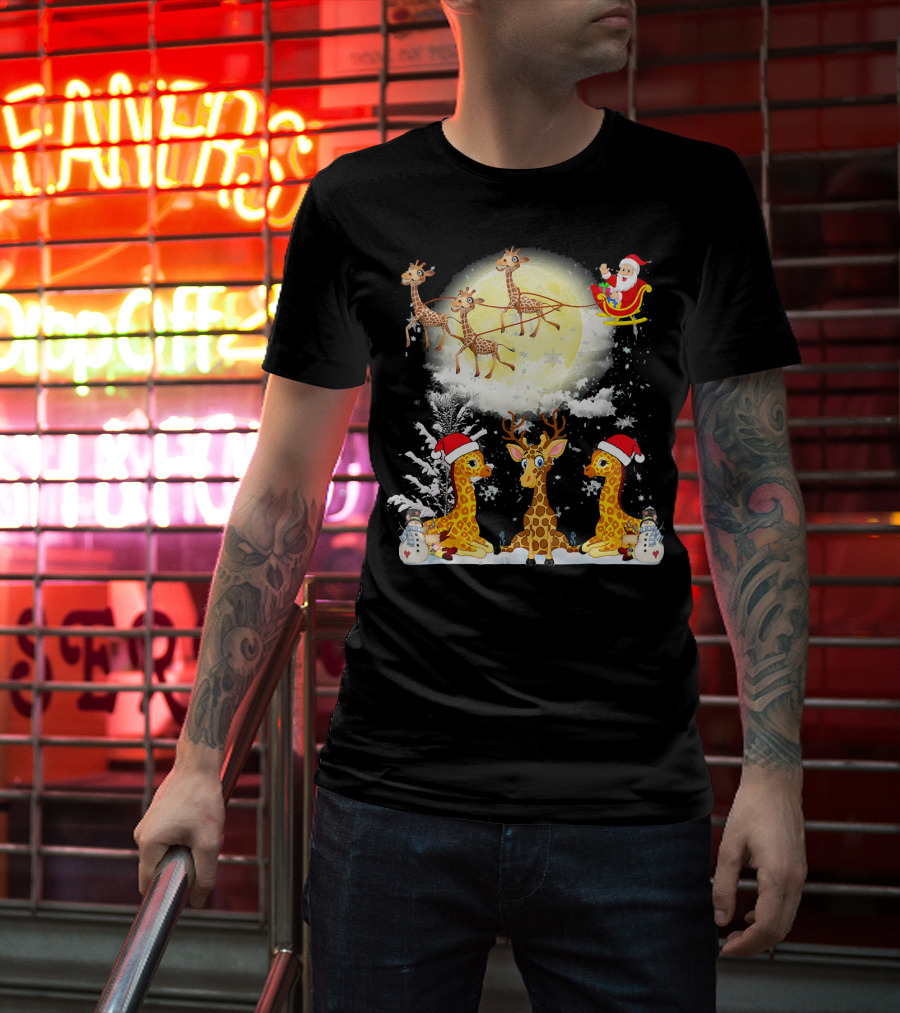 Santa's Sleigh Giraffes Christmas Moon Snowy Night Scene T-Shirt