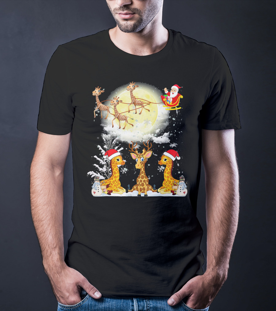 Santa's Sleigh Giraffes Christmas Moon Snowy Night Scene T-Shirt
