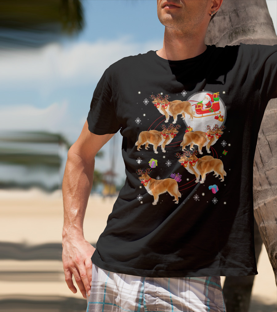 Rough Collie Reindeer Christmas Santa Sleigh Presents Snowflakes T-Shirt