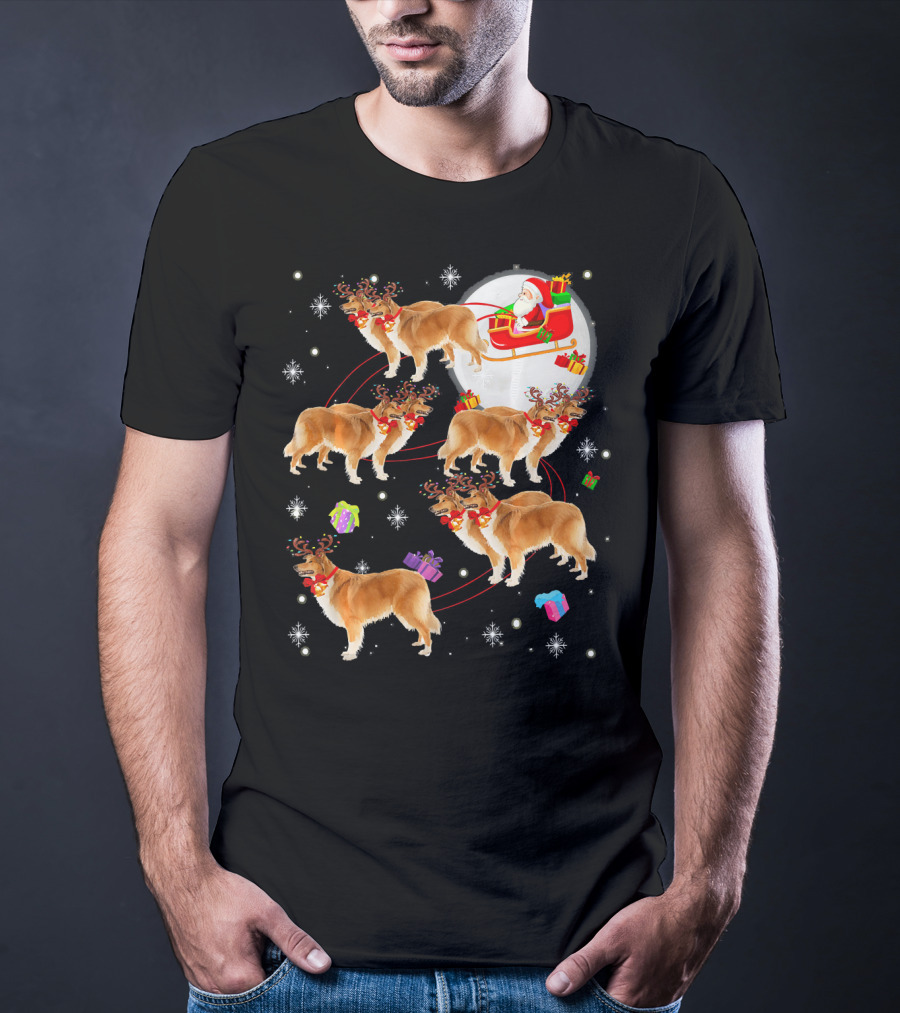 Rough Collie Reindeer Christmas Santa Sleigh Presents Snowflakes T-Shirt