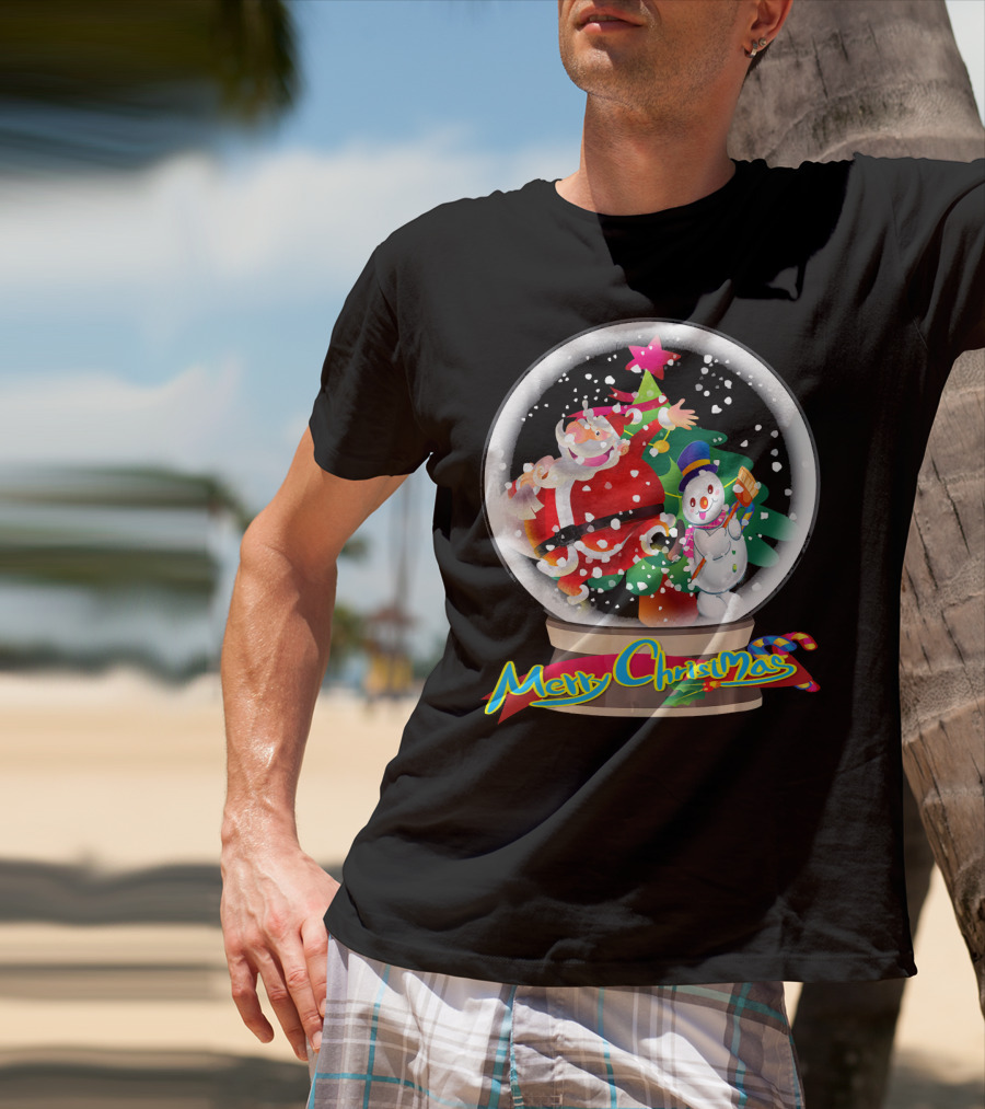 Merry Christmas Snow Globe Santa And Snowman Fun T-Shirt