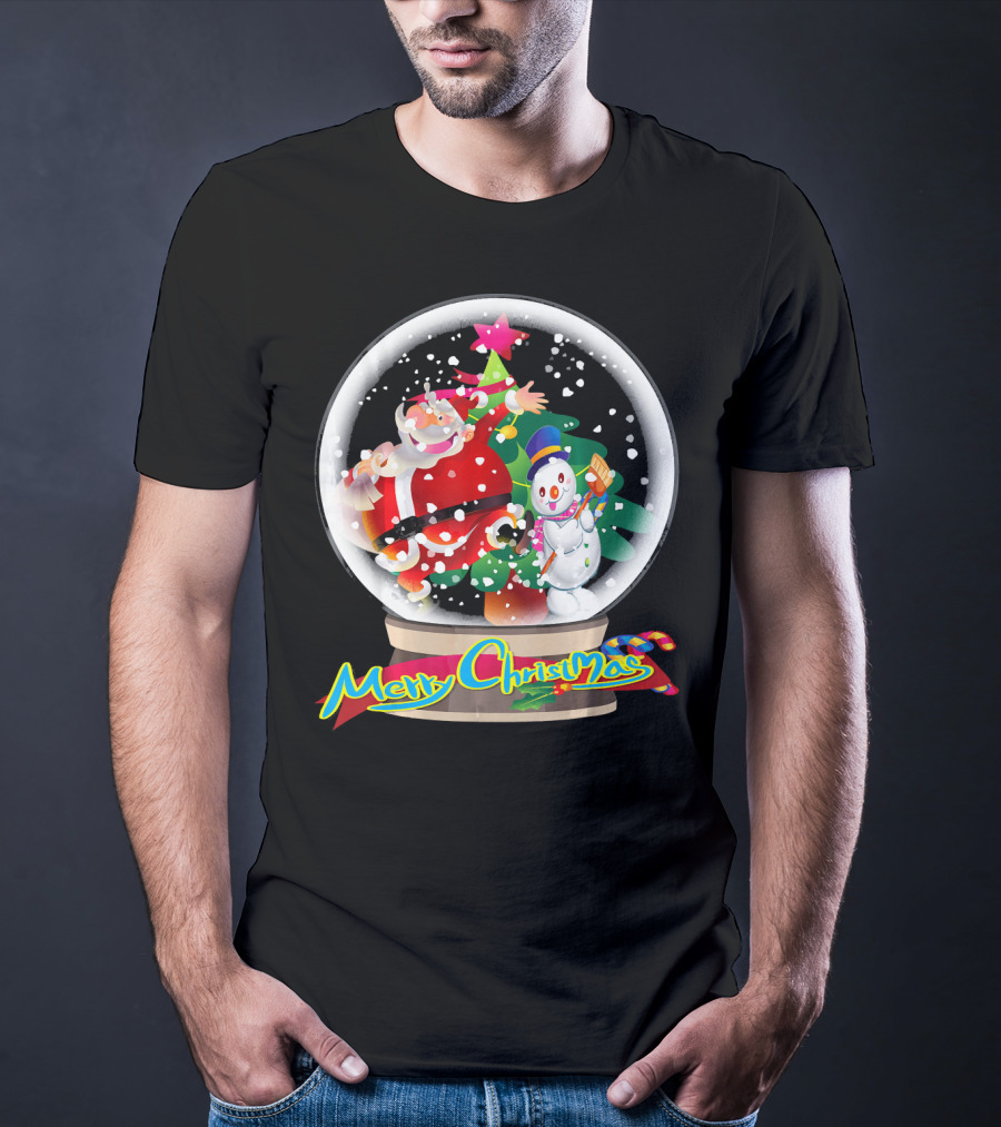 Merry Christmas Snow Globe Santa And Snowman Fun T-Shirt