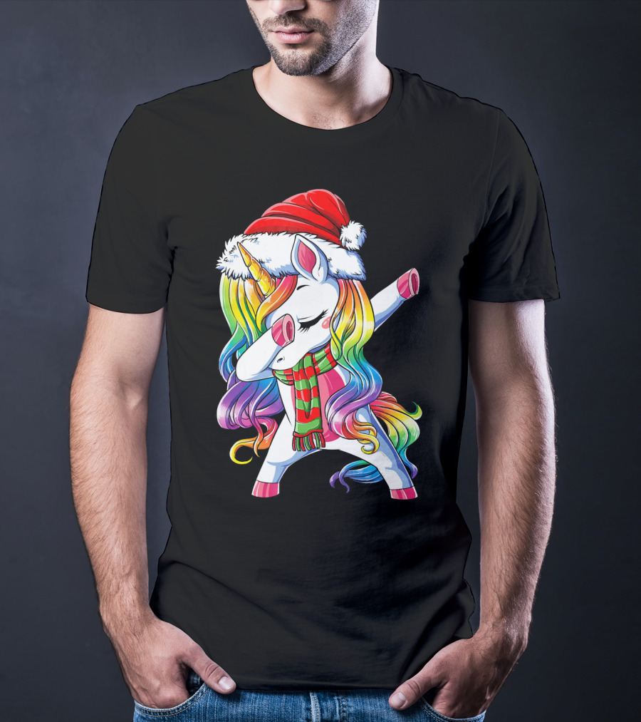 Dabbing Unicorn In Santa Hat With Rainbow Mane And Scarf For Christmas Girls T-Shirt