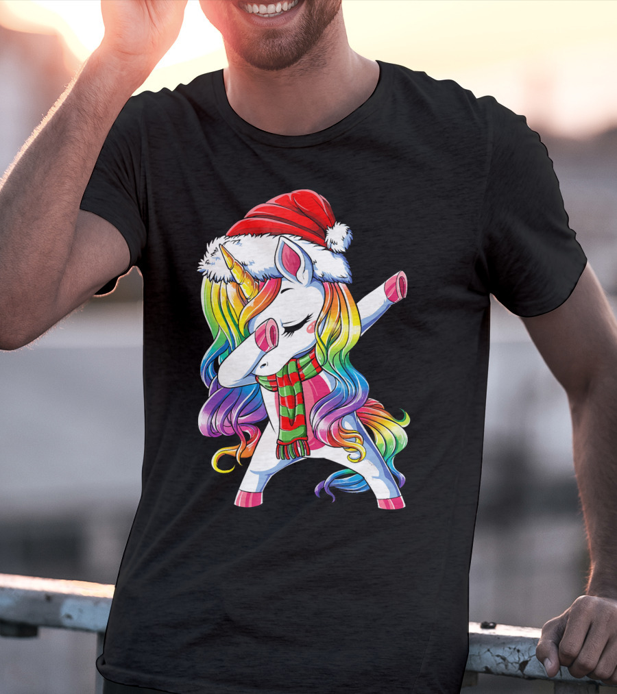 Dabbing Unicorn In Santa Hat With Rainbow Mane And Scarf For Christmas Girls T-Shirt