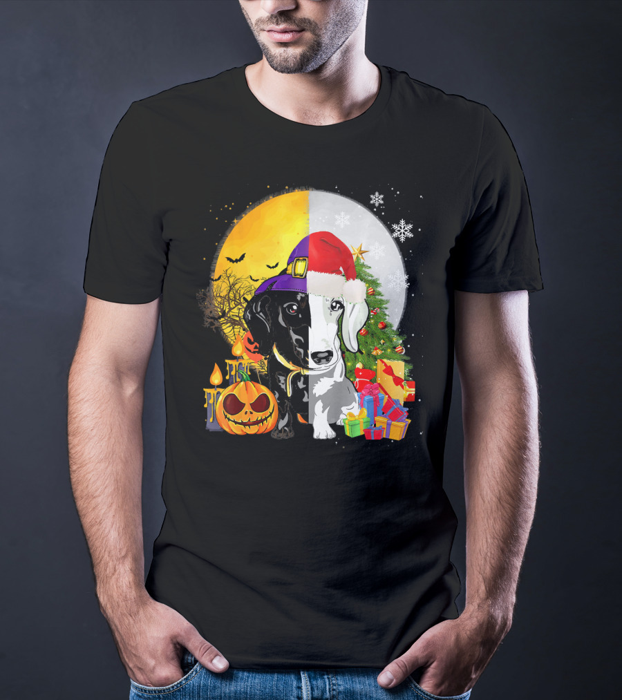 Dachshund Happy Halloween Merry Christmas Dual Holiday T-Shirt