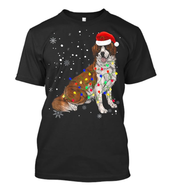 Bernard Dog Christmas Lights Santa Hat Snowflakes T-Shirt