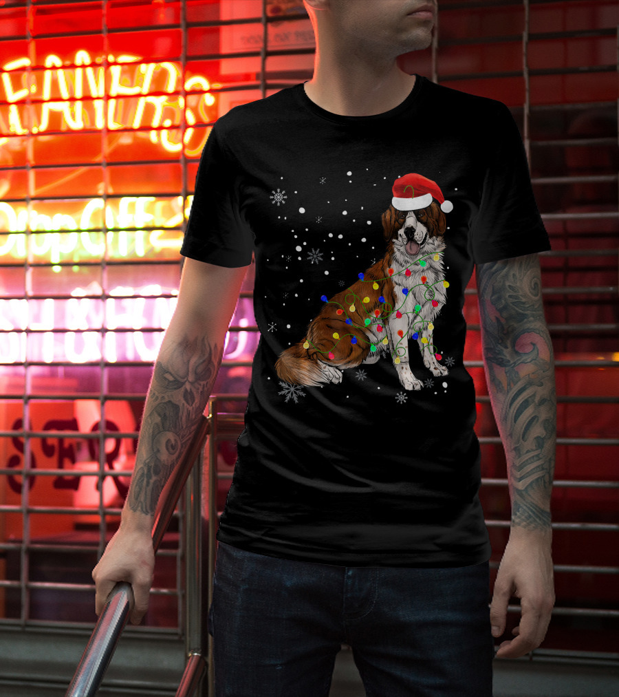 Bernard Dog Christmas Lights Santa Hat Snowflakes T-Shirt