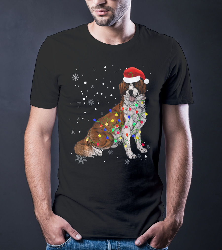 Bernard Dog Christmas Lights Santa Hat Snowflakes T-Shirt