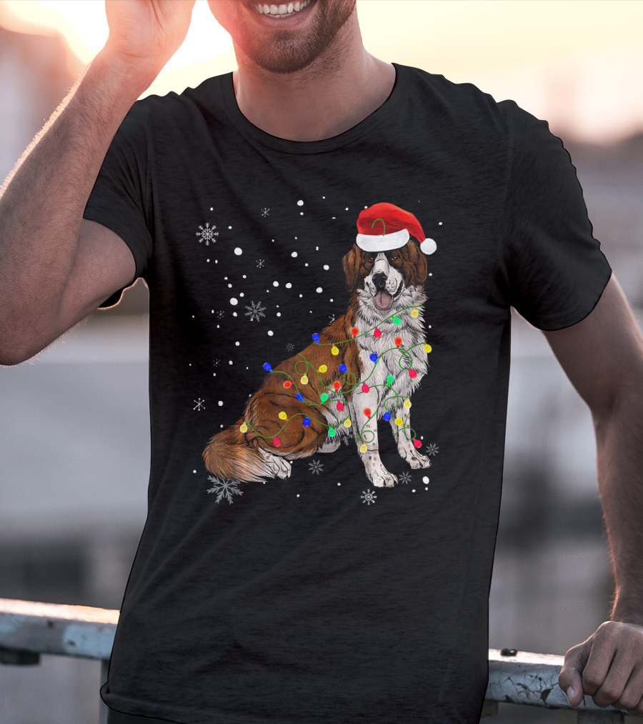 Bernard Dog Christmas Lights Santa Hat Snowflakes T-Shirt