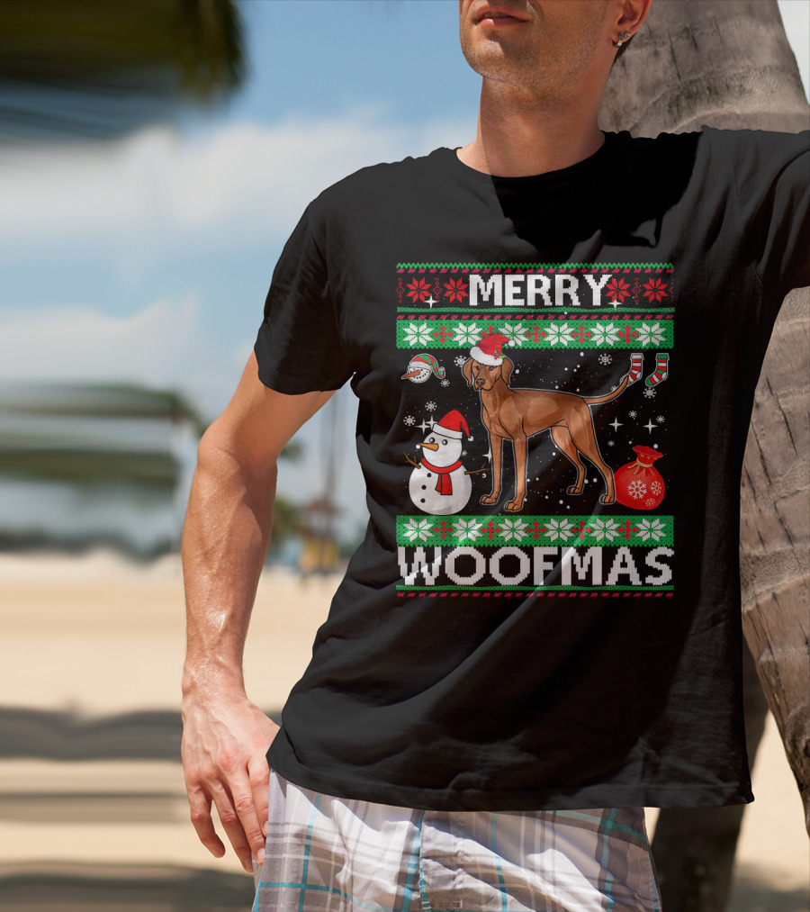 Merry Woofmas Vizsla Dog Festive Snowman Santa Hat T-Shirt