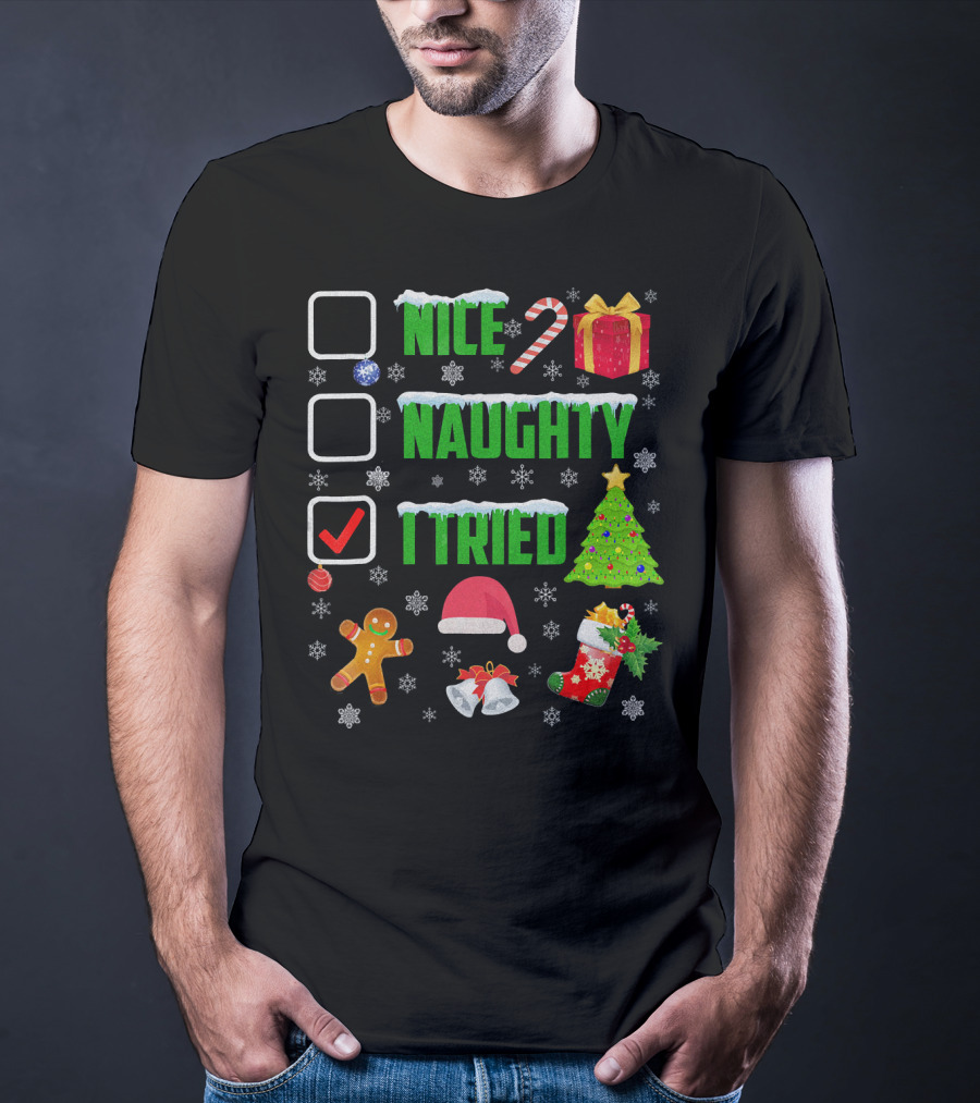 I Tried Nice Naughty Christmas Humor Candy Cane Gingerbread Santa Hat T-Shirt