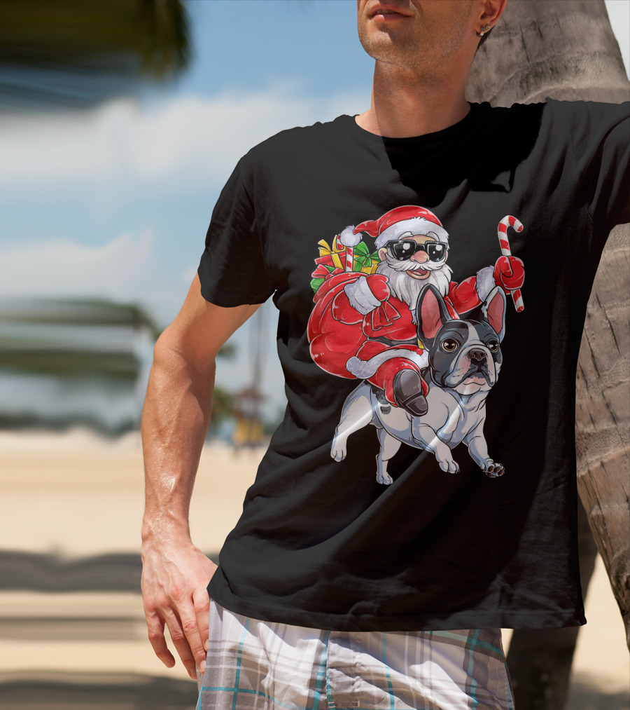 French Bulldog Christmas Santa Claus Cane Sleigh T-Shirt