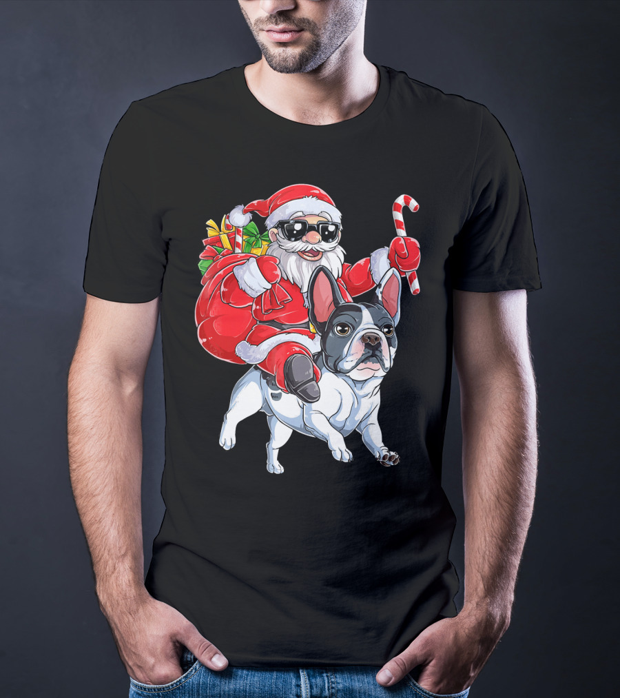 French Bulldog Christmas Santa Claus Cane Sleigh T-Shirt