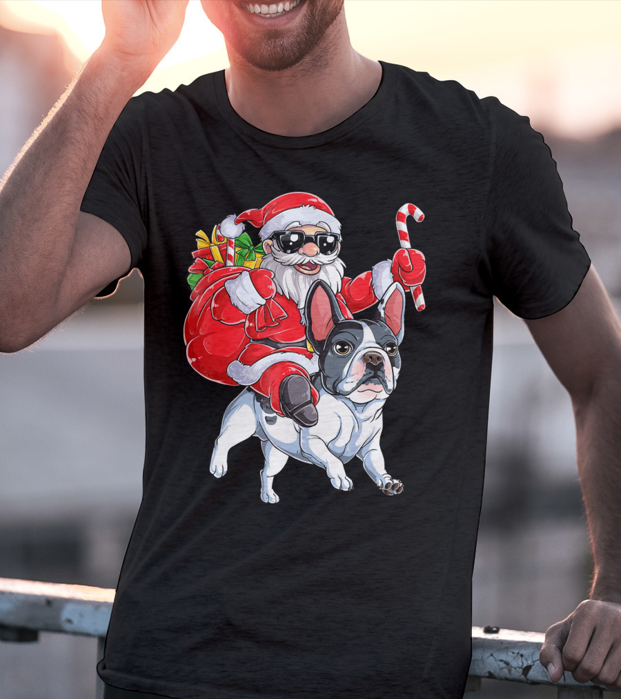 French Bulldog Christmas Santa Claus Cane Sleigh T-Shirt