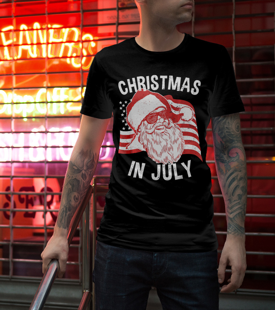 Christmas In July Retro Hipster Santa With American Flag And Shades T-Shirt