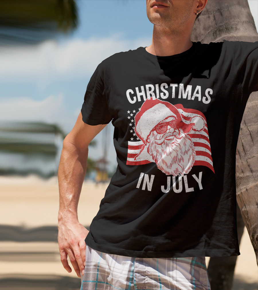 Christmas In July Retro Hipster Santa With American Flag And Shades T-Shirt