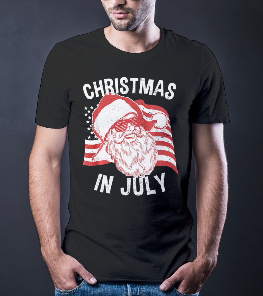 Christmas In July Retro Hipster Santa With American Flag And Shades T-Shirt