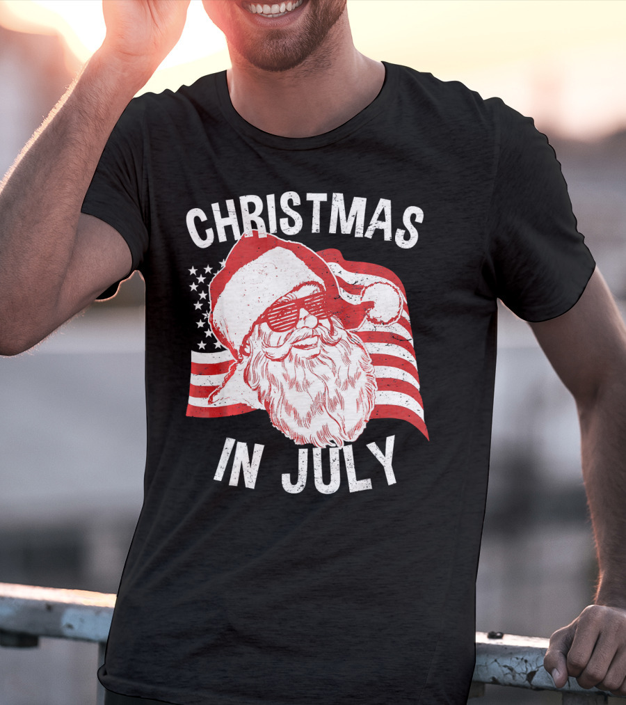 Christmas In July Retro Hipster Santa With American Flag And Shades T-Shirt