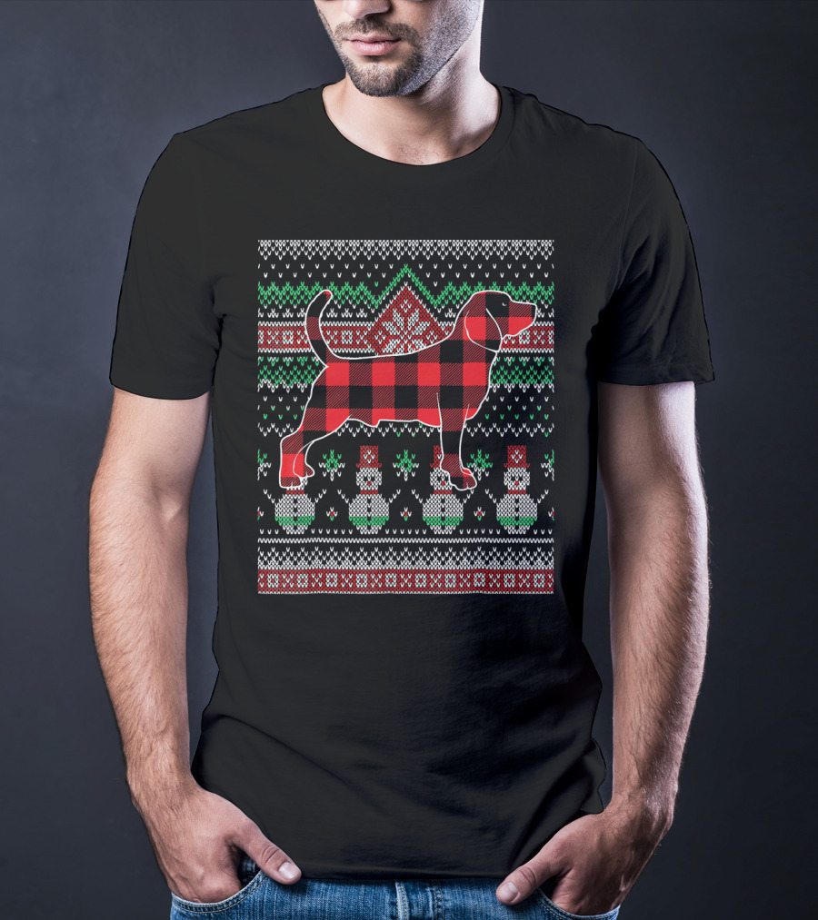 Beagle Red Plaid Christmas Dog Sweater Snowman T-Shirt