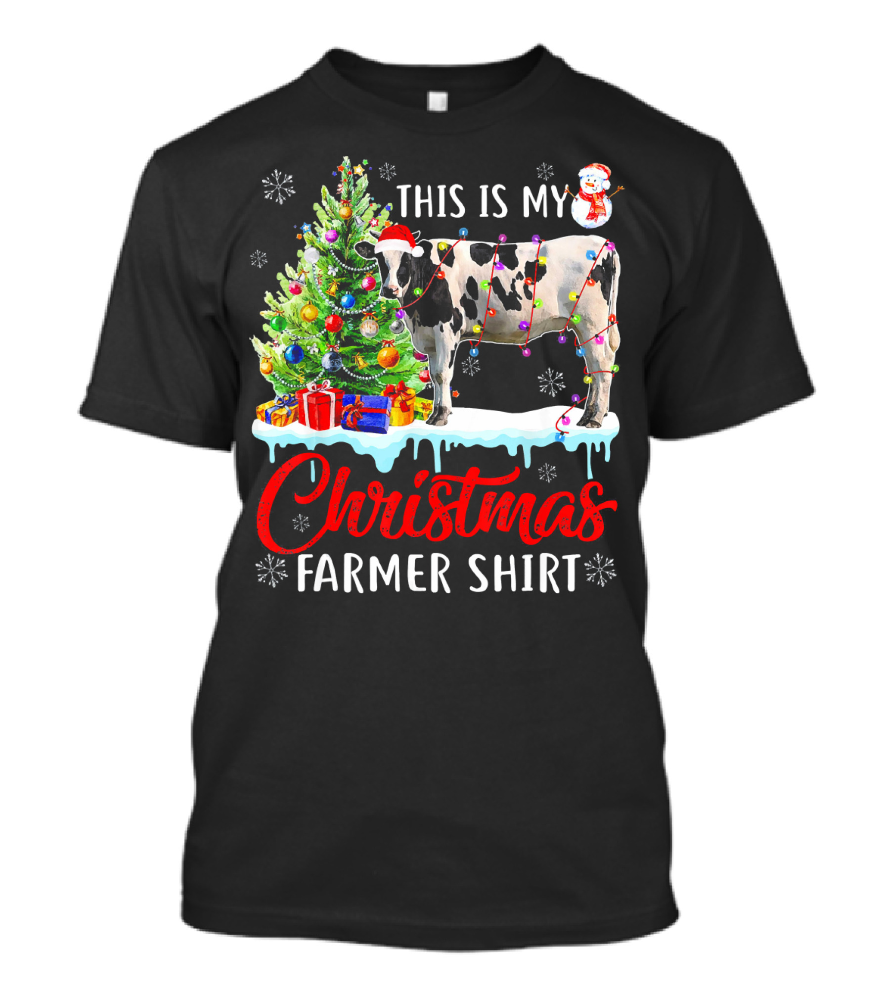 This Is My Christmas Farmer Shirt Cow Santa Hat Snowman Lights Tree T-Shirt
