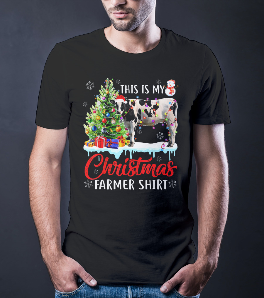 This Is My Christmas Farmer Shirt Cow Santa Hat Snowman Lights Tree T-Shirt