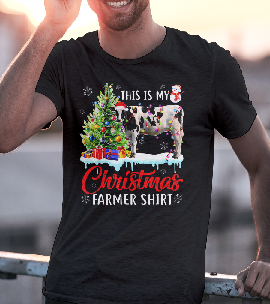 This Is My Christmas Farmer Shirt Cow Santa Hat Snowman Lights Tree T-Shirt