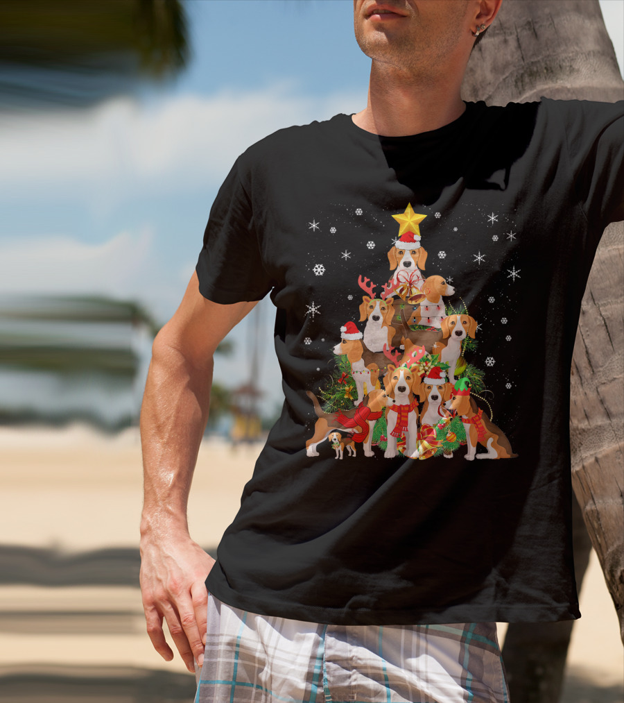 Beagles Christmas Tree With Festive Santa Hats And Reindeer Antlers T-Shirt