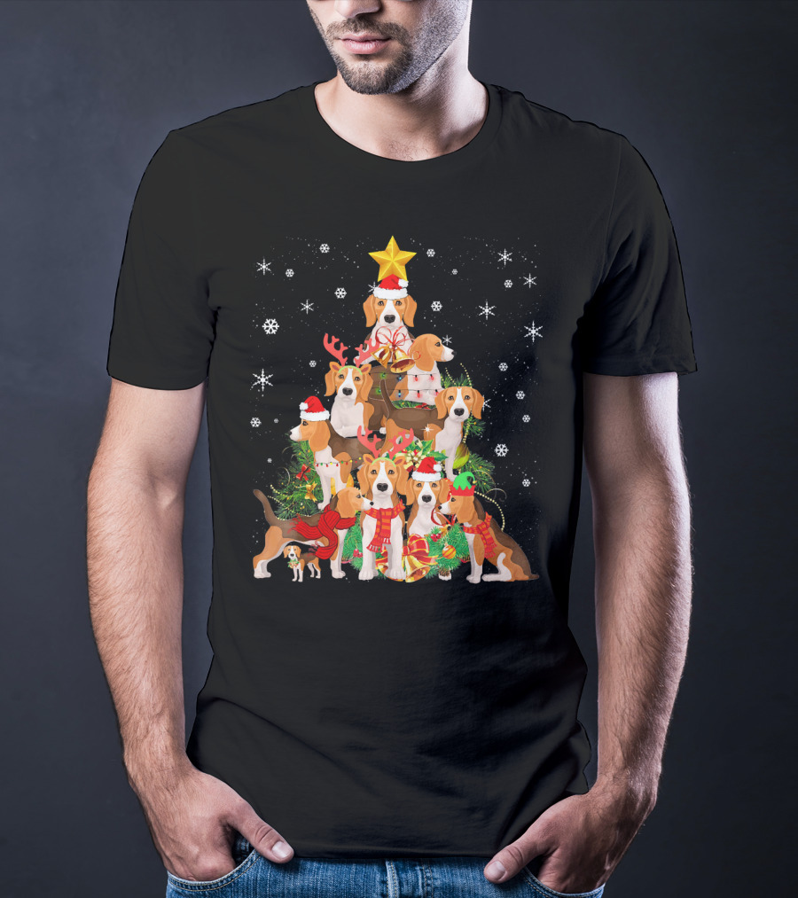 Beagles Christmas Tree With Festive Santa Hats And Reindeer Antlers T-Shirt