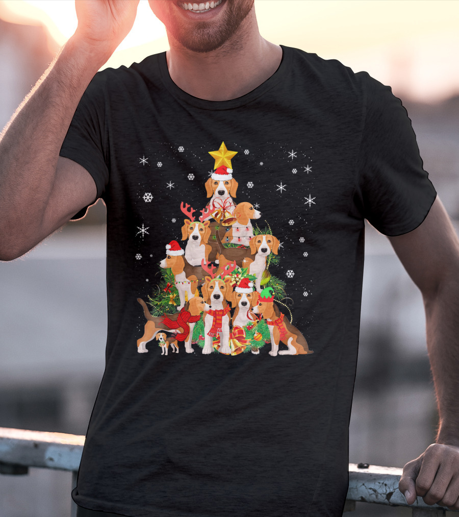 Beagles Christmas Tree With Festive Santa Hats And Reindeer Antlers T-Shirt