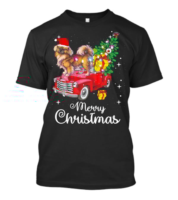 Merry Christmas Pekingese Rides Red Truck With Santa Hat And Holiday Gifts T-Shirt