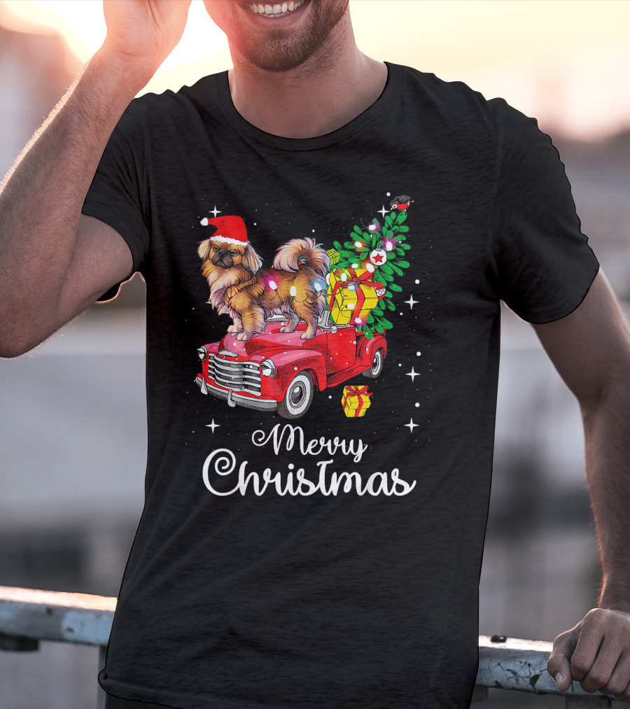 Merry Christmas Pekingese Rides Red Truck With Santa Hat And Holiday Gifts T-Shirt